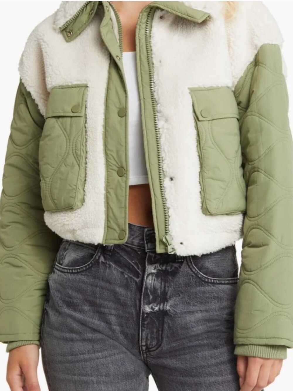 Blank NYC Olive Green Quilted Jacket with Cream Sherpa